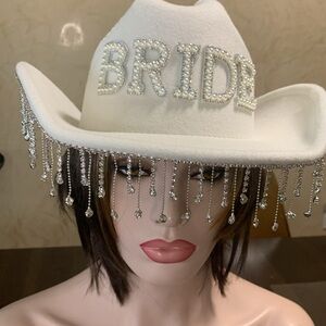 BRIDE White Cowboy Hat with extra Sparkly bling drop rhinestone fringe